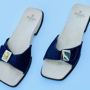Fendi Denim & Wood Platform Slides 9.5 Ladies